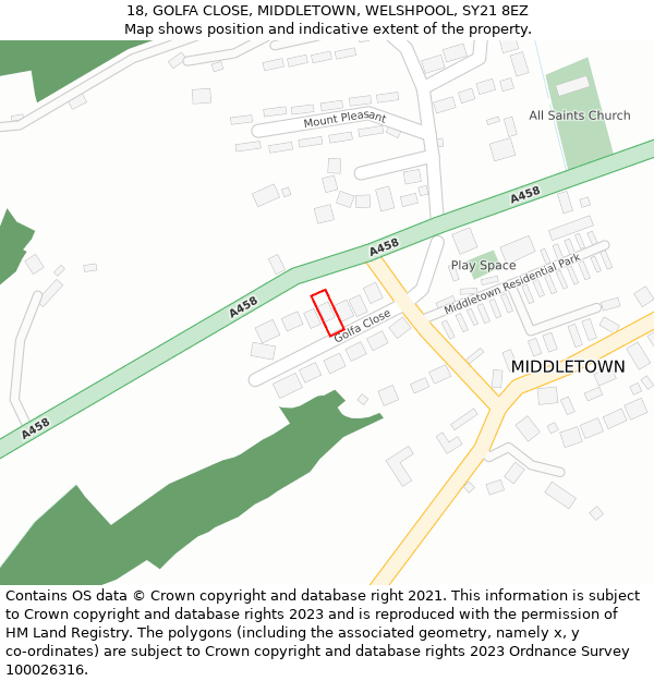 18, GOLFA CLOSE, MIDDLETOWN, WELSHPOOL, SY21 8EZ: Location map and indicative extent of plot