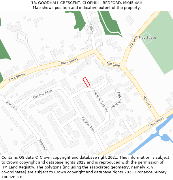 18, GOODHALL CRESCENT, CLOPHILL, BEDFORD, MK45 4AH: Location map and indicative extent of plot