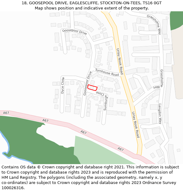 18, GOOSEPOOL DRIVE, EAGLESCLIFFE, STOCKTON-ON-TEES, TS16 0GT: Location map and indicative extent of plot