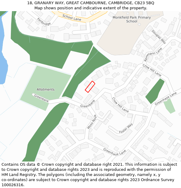 18, GRANARY WAY, GREAT CAMBOURNE, CAMBRIDGE, CB23 5BQ: Location map and indicative extent of plot