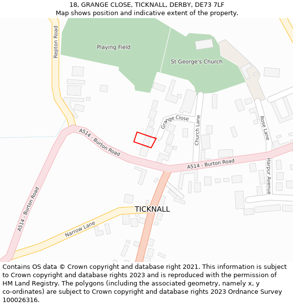 18, GRANGE CLOSE, TICKNALL, DERBY, DE73 7LF: Location map and indicative extent of plot