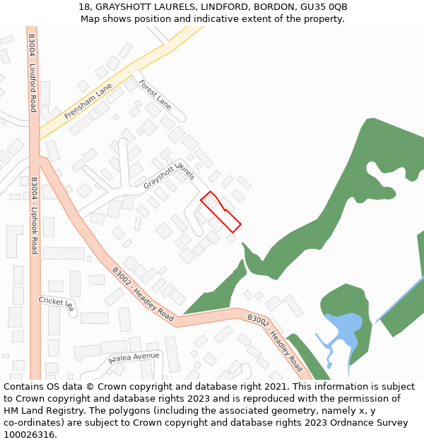 18, GRAYSHOTT LAURELS, LINDFORD, BORDON, GU35 0QB: Location map and indicative extent of plot