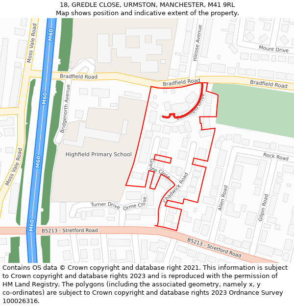 18, GREDLE CLOSE, URMSTON, MANCHESTER, M41 9RL: Location map and indicative extent of plot