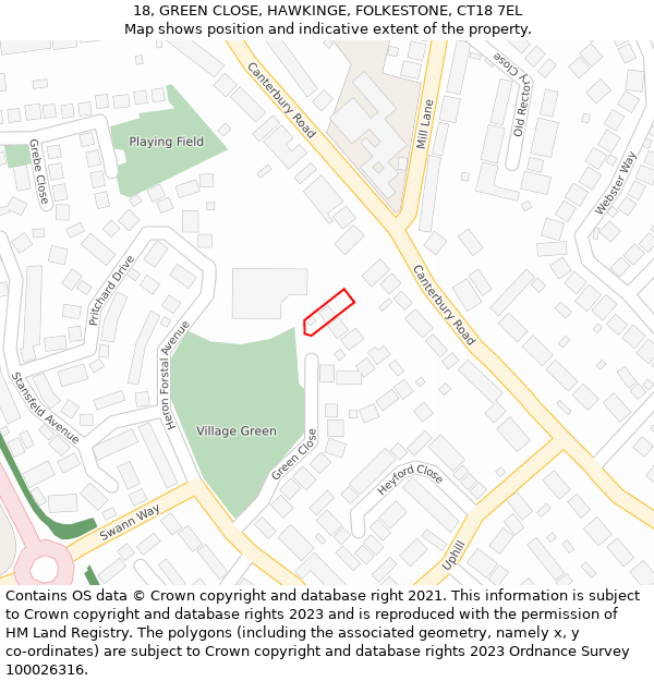 18, GREEN CLOSE, HAWKINGE, FOLKESTONE, CT18 7EL: Location map and indicative extent of plot