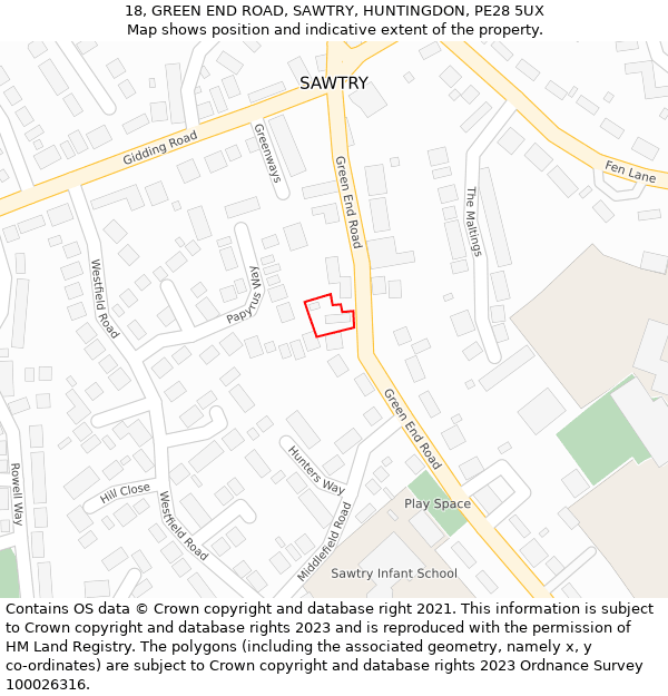 18, GREEN END ROAD, SAWTRY, HUNTINGDON, PE28 5UX: Location map and indicative extent of plot