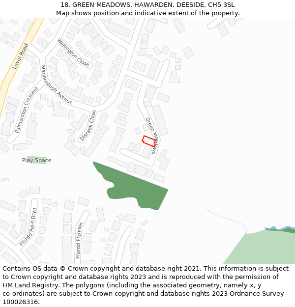 18, GREEN MEADOWS, HAWARDEN, DEESIDE, CH5 3SL: Location map and indicative extent of plot