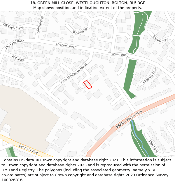 18, GREEN MILL CLOSE, WESTHOUGHTON, BOLTON, BL5 3GE: Location map and indicative extent of plot