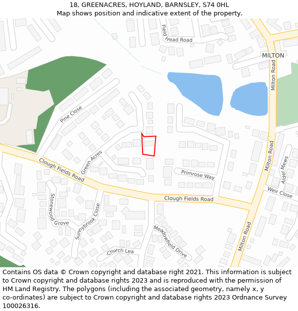 18, GREENACRES, HOYLAND, BARNSLEY, S74 0HL: Location map and indicative extent of plot