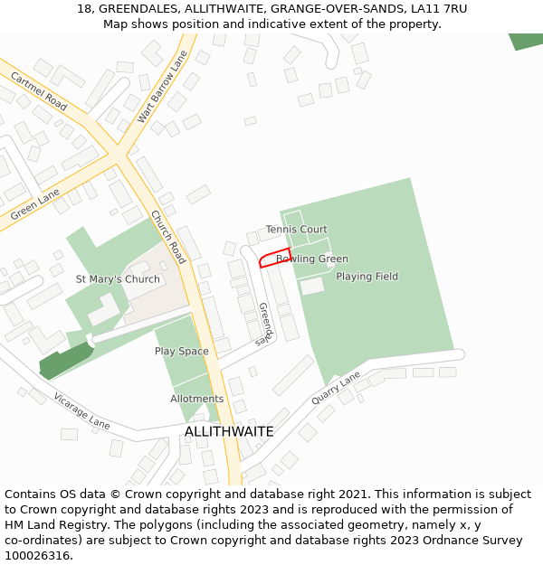 18, GREENDALES, ALLITHWAITE, GRANGE-OVER-SANDS, LA11 7RU: Location map and indicative extent of plot