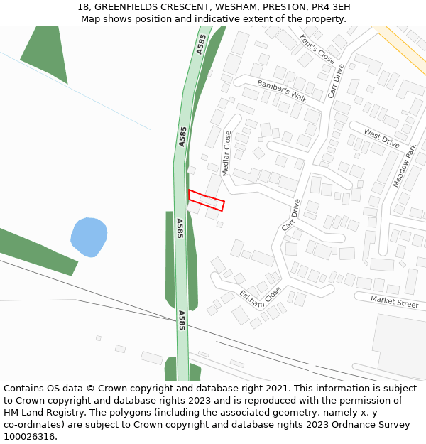 18, GREENFIELDS CRESCENT, WESHAM, PRESTON, PR4 3EH: Location map and indicative extent of plot