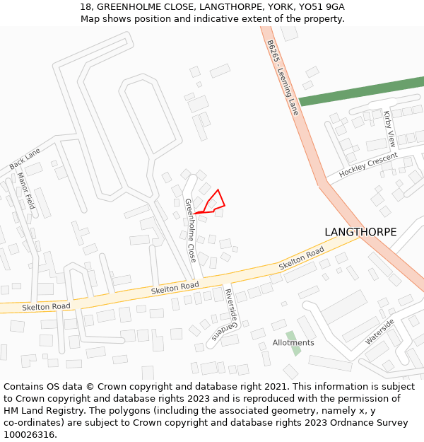 18, GREENHOLME CLOSE, LANGTHORPE, YORK, YO51 9GA: Location map and indicative extent of plot