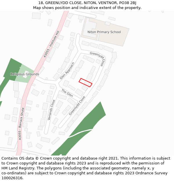 18, GREENLYDD CLOSE, NITON, VENTNOR, PO38 2BJ: Location map and indicative extent of plot
