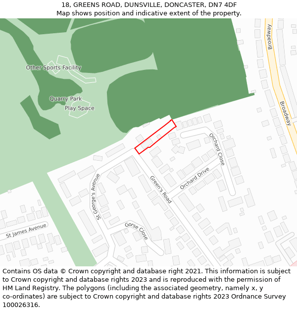18, GREENS ROAD, DUNSVILLE, DONCASTER, DN7 4DF: Location map and indicative extent of plot