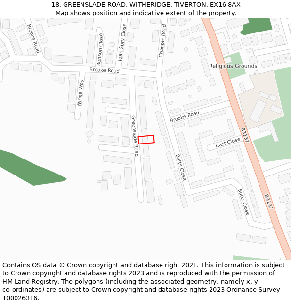 18, GREENSLADE ROAD, WITHERIDGE, TIVERTON, EX16 8AX: Location map and indicative extent of plot