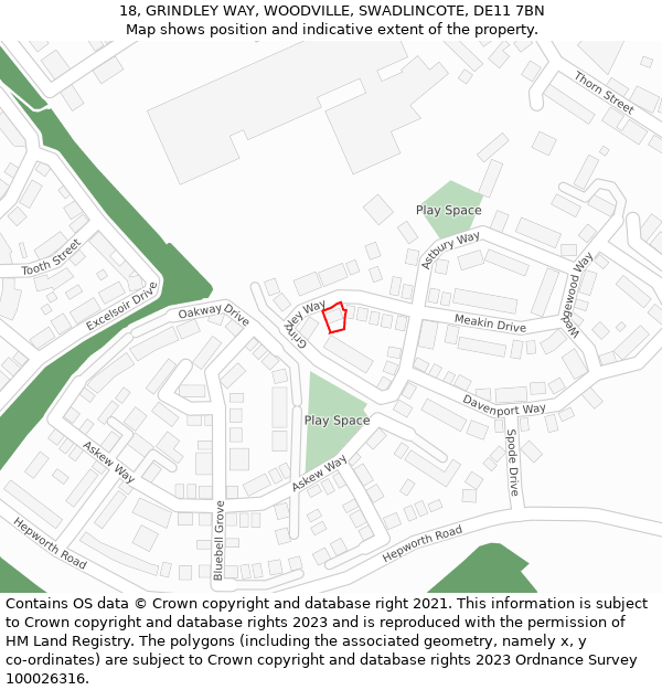 18, GRINDLEY WAY, WOODVILLE, SWADLINCOTE, DE11 7BN: Location map and indicative extent of plot