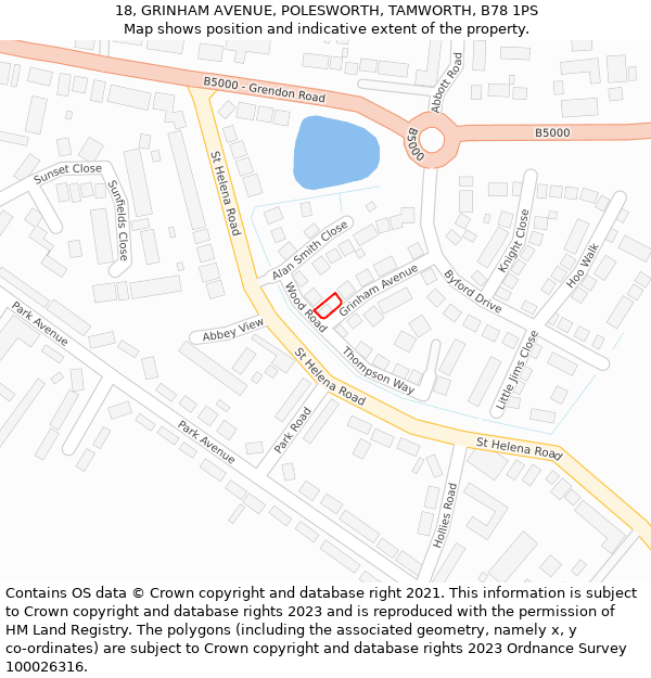 18, GRINHAM AVENUE, POLESWORTH, TAMWORTH, B78 1PS: Location map and indicative extent of plot