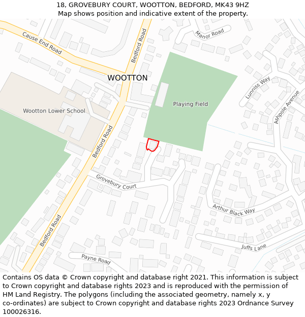 18, GROVEBURY COURT, WOOTTON, BEDFORD, MK43 9HZ: Location map and indicative extent of plot