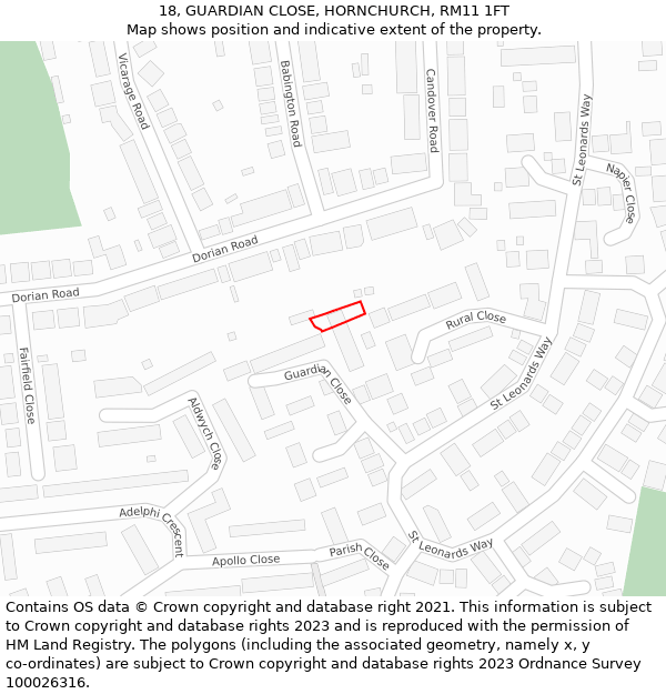 18, GUARDIAN CLOSE, HORNCHURCH, RM11 1FT: Location map and indicative extent of plot