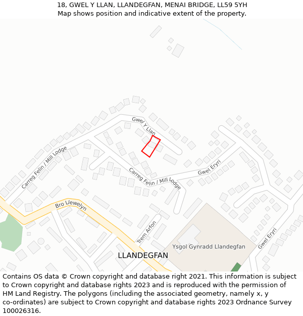 18, GWEL Y LLAN, LLANDEGFAN, MENAI BRIDGE, LL59 5YH: Location map and indicative extent of plot