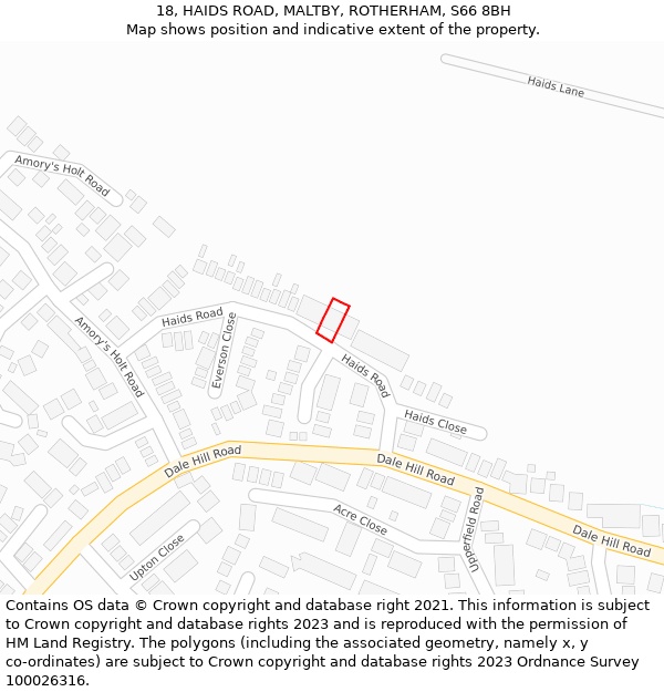 18, HAIDS ROAD, MALTBY, ROTHERHAM, S66 8BH: Location map and indicative extent of plot