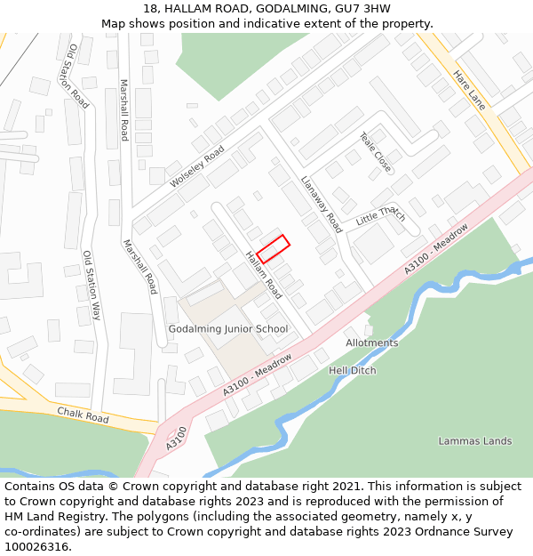 18, HALLAM ROAD, GODALMING, GU7 3HW: Location map and indicative extent of plot