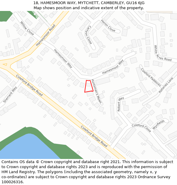 18, HAMESMOOR WAY, MYTCHETT, CAMBERLEY, GU16 6JG: Location map and indicative extent of plot