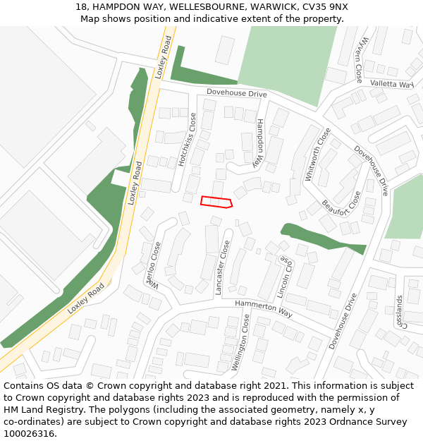 18, HAMPDON WAY, WELLESBOURNE, WARWICK, CV35 9NX: Location map and indicative extent of plot