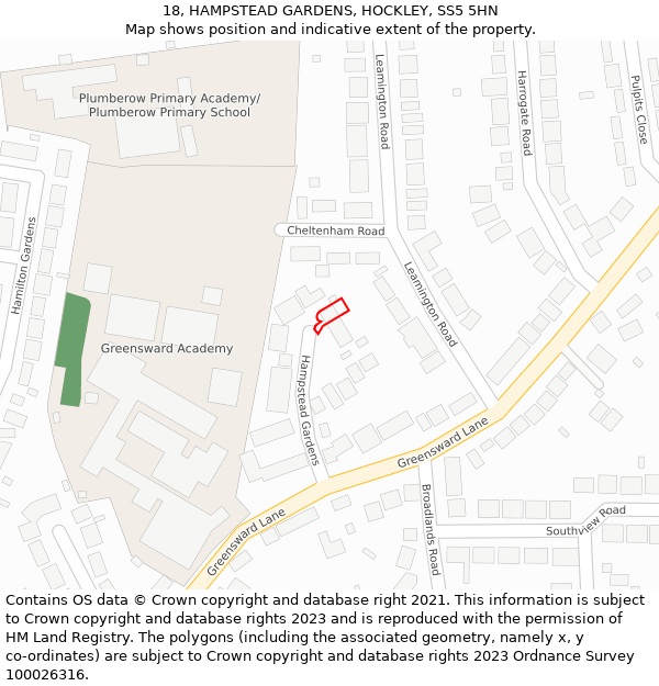 18, HAMPSTEAD GARDENS, HOCKLEY, SS5 5HN: Location map and indicative extent of plot