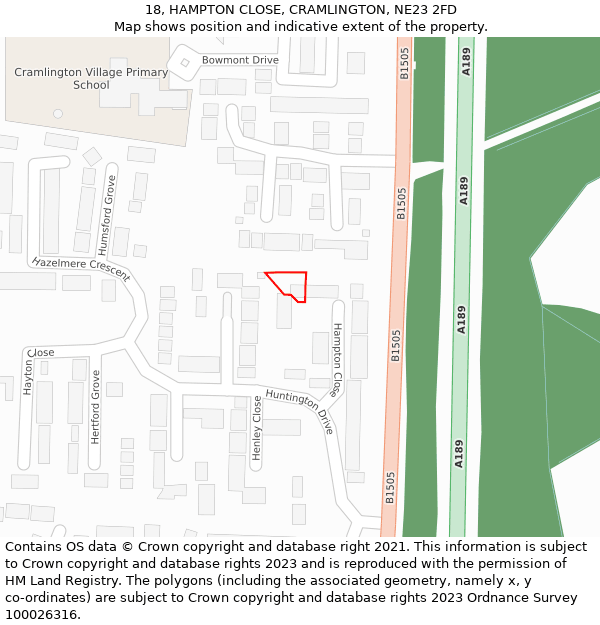 18, HAMPTON CLOSE, CRAMLINGTON, NE23 2FD: Location map and indicative extent of plot