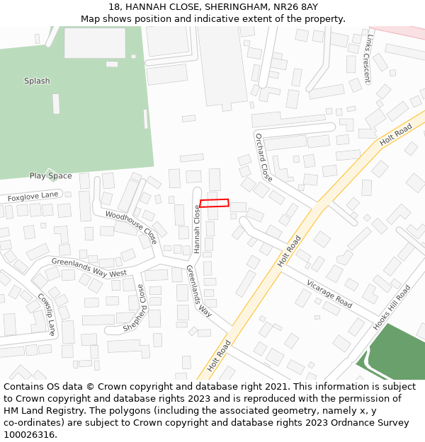 18, HANNAH CLOSE, SHERINGHAM, NR26 8AY: Location map and indicative extent of plot