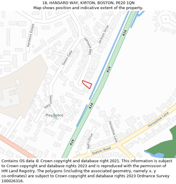 18, HANSARD WAY, KIRTON, BOSTON, PE20 1QN: Location map and indicative extent of plot