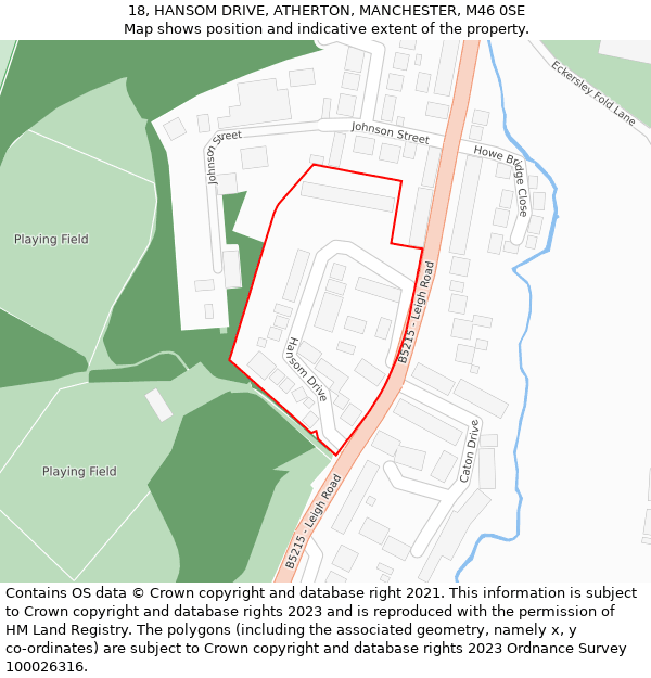 18, HANSOM DRIVE, ATHERTON, MANCHESTER, M46 0SE: Location map and indicative extent of plot