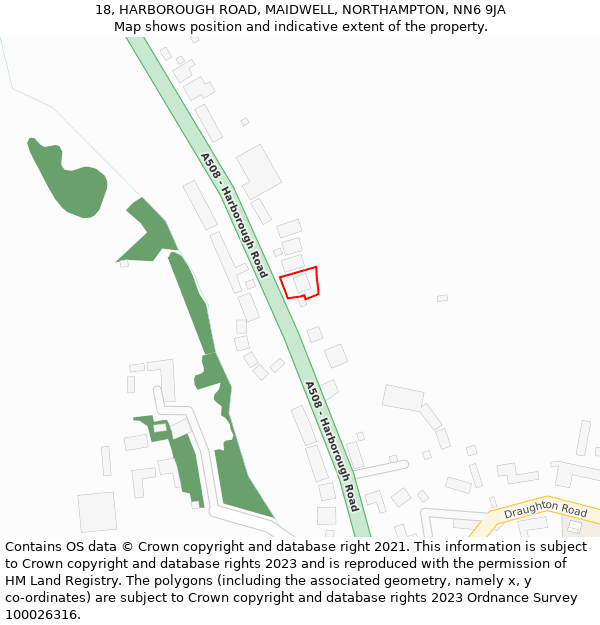 18, HARBOROUGH ROAD, MAIDWELL, NORTHAMPTON, NN6 9JA: Location map and indicative extent of plot