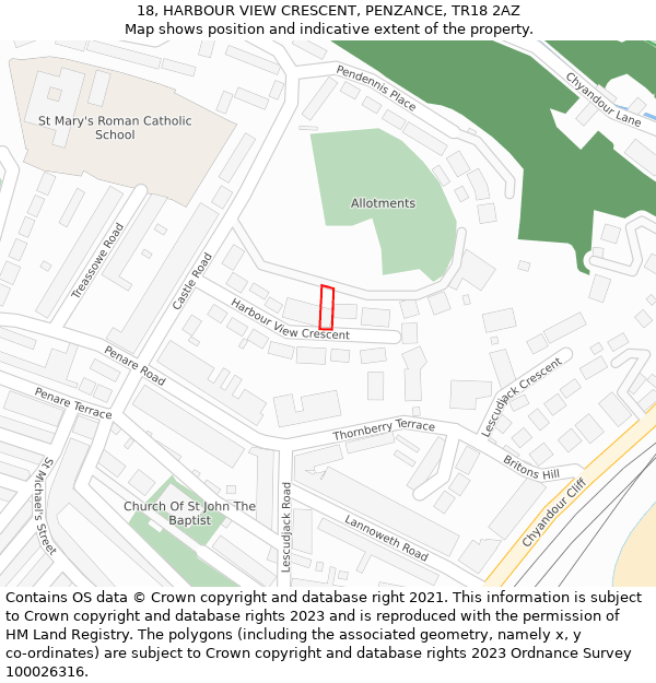 18, HARBOUR VIEW CRESCENT, PENZANCE, TR18 2AZ: Location map and indicative extent of plot