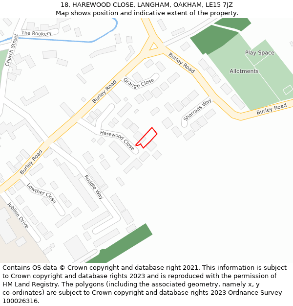 18, HAREWOOD CLOSE, LANGHAM, OAKHAM, LE15 7JZ: Location map and indicative extent of plot