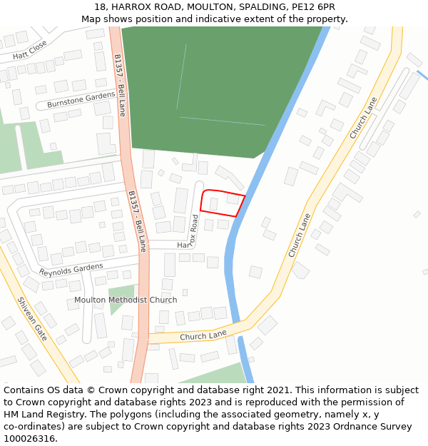 18, HARROX ROAD, MOULTON, SPALDING, PE12 6PR: Location map and indicative extent of plot