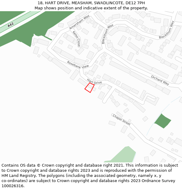 18, HART DRIVE, MEASHAM, SWADLINCOTE, DE12 7PH: Location map and indicative extent of plot