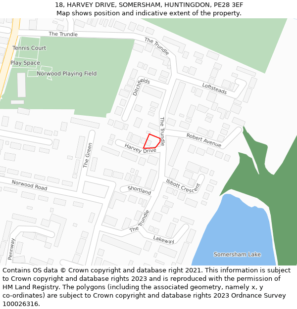 18, HARVEY DRIVE, SOMERSHAM, HUNTINGDON, PE28 3EF: Location map and indicative extent of plot