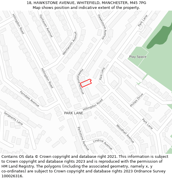 18, HAWKSTONE AVENUE, WHITEFIELD, MANCHESTER, M45 7PG: Location map and indicative extent of plot