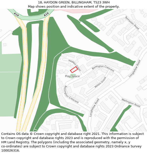 18, HAYDON GREEN, BILLINGHAM, TS23 3WH: Location map and indicative extent of plot