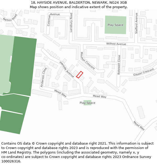 18, HAYSIDE AVENUE, BALDERTON, NEWARK, NG24 3GB: Location map and indicative extent of plot