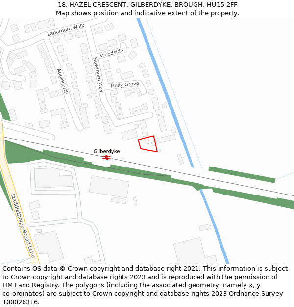 18, HAZEL CRESCENT, GILBERDYKE, BROUGH, HU15 2FF: Location map and indicative extent of plot