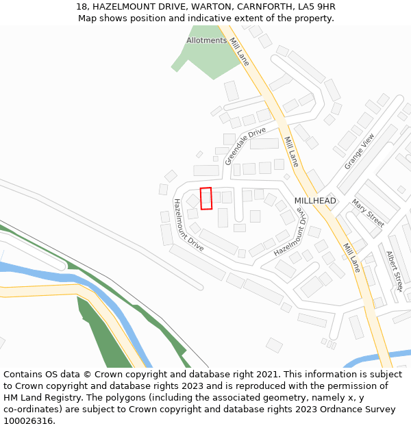 18, HAZELMOUNT DRIVE, WARTON, CARNFORTH, LA5 9HR: Location map and indicative extent of plot