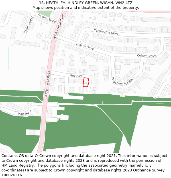18, HEATHLEA, HINDLEY GREEN, WIGAN, WN2 4TZ: Location map and indicative extent of plot