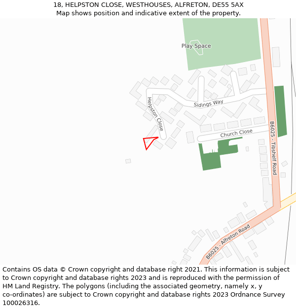 18, HELPSTON CLOSE, WESTHOUSES, ALFRETON, DE55 5AX: Location map and indicative extent of plot