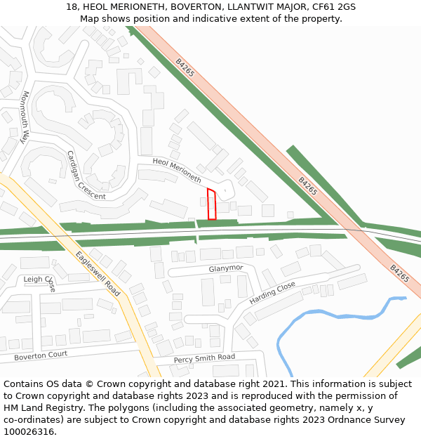 18, HEOL MERIONETH, BOVERTON, LLANTWIT MAJOR, CF61 2GS: Location map and indicative extent of plot