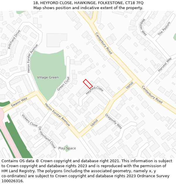 18, HEYFORD CLOSE, HAWKINGE, FOLKESTONE, CT18 7FQ: Location map and indicative extent of plot