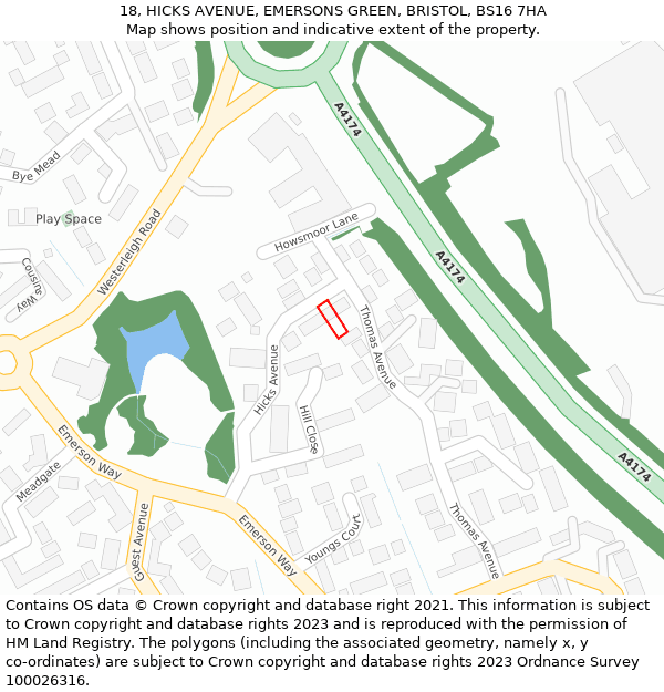 18, HICKS AVENUE, EMERSONS GREEN, BRISTOL, BS16 7HA: Location map and indicative extent of plot