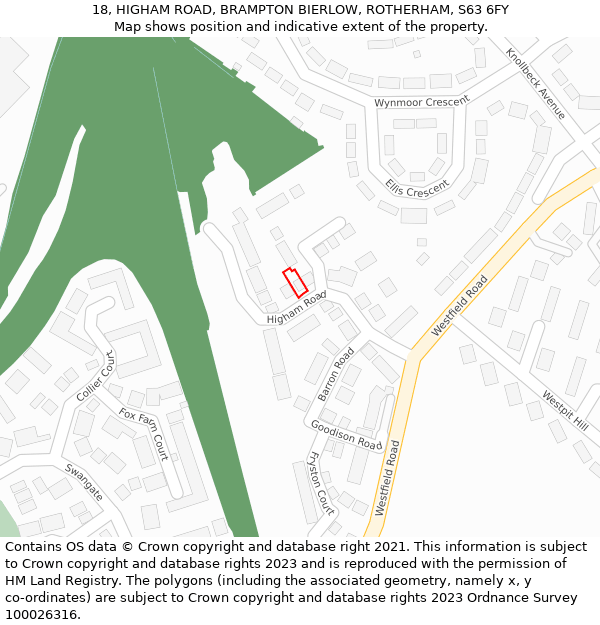 18, HIGHAM ROAD, BRAMPTON BIERLOW, ROTHERHAM, S63 6FY: Location map and indicative extent of plot