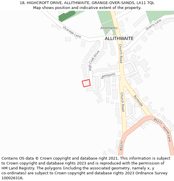 18, HIGHCROFT DRIVE, ALLITHWAITE, GRANGE-OVER-SANDS, LA11 7QL: Location map and indicative extent of plot